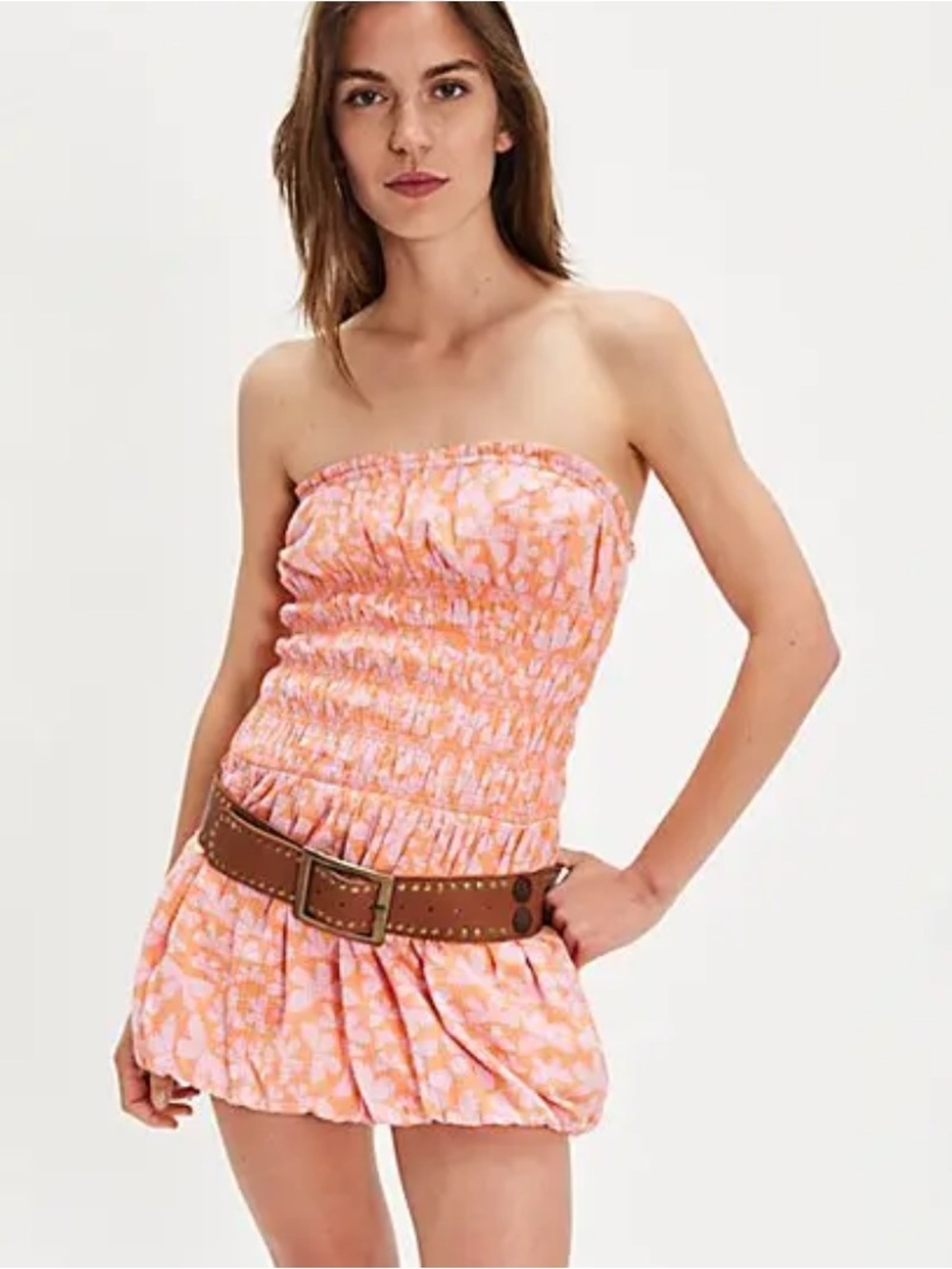 Free People Annalise Peach and White Strapless Smocked Mini Dress NWOT